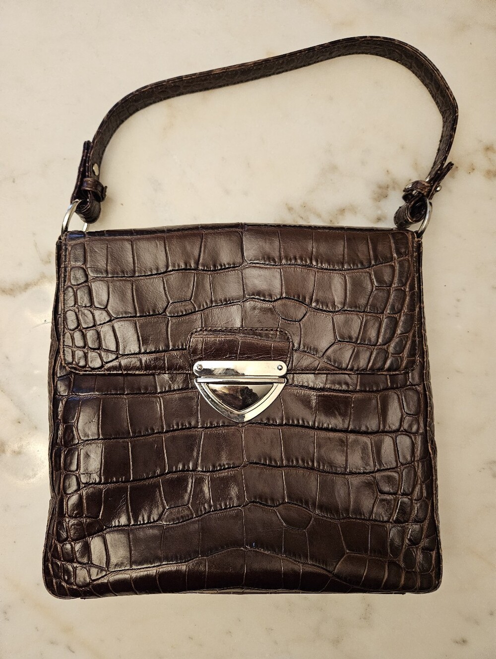 Danier Croc-Embossed Leather Bag in Brown With Crossbody Or Handle Strap.